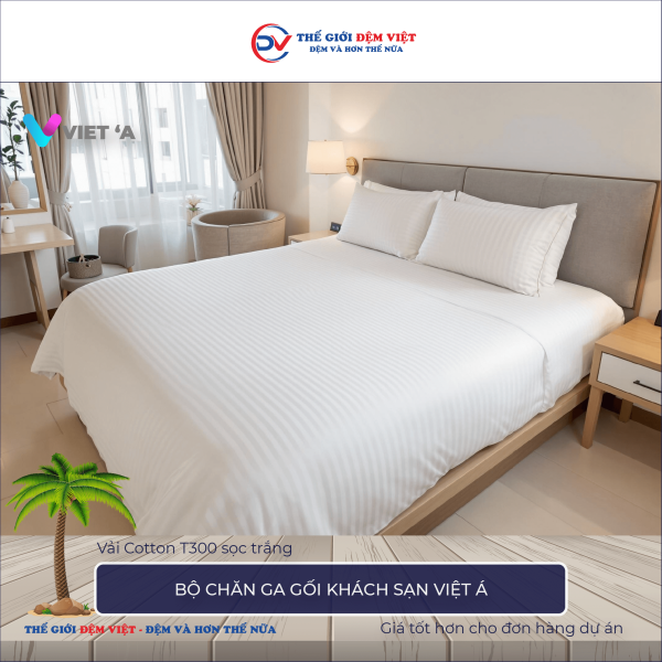 Bộ chăn ga gối khách sạn Việt Á Cotton T300 sọc trắng 7